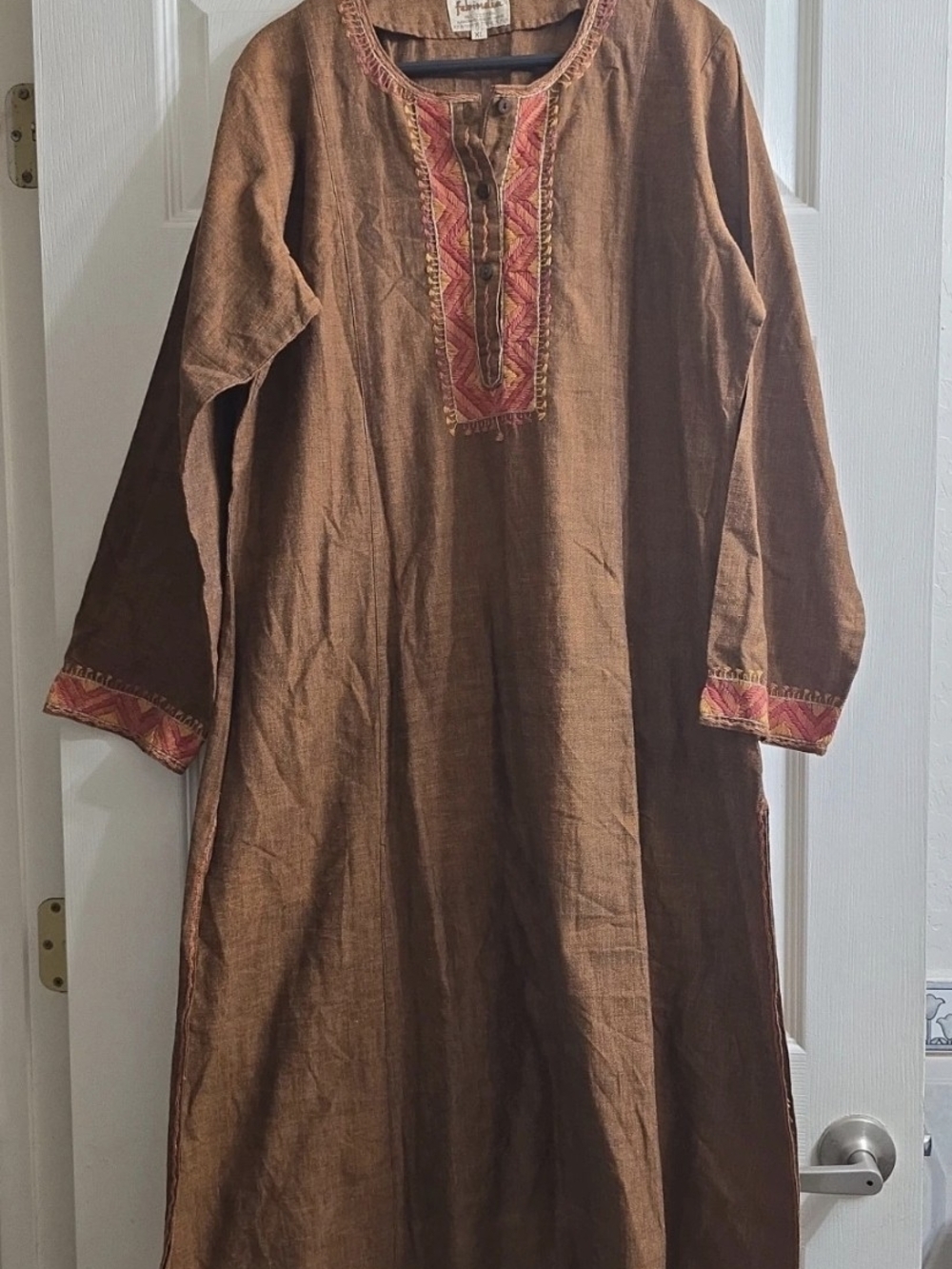 Fabindia Handwoven Kurta Brown Long-Sleeve Embroidered Tunic Dress